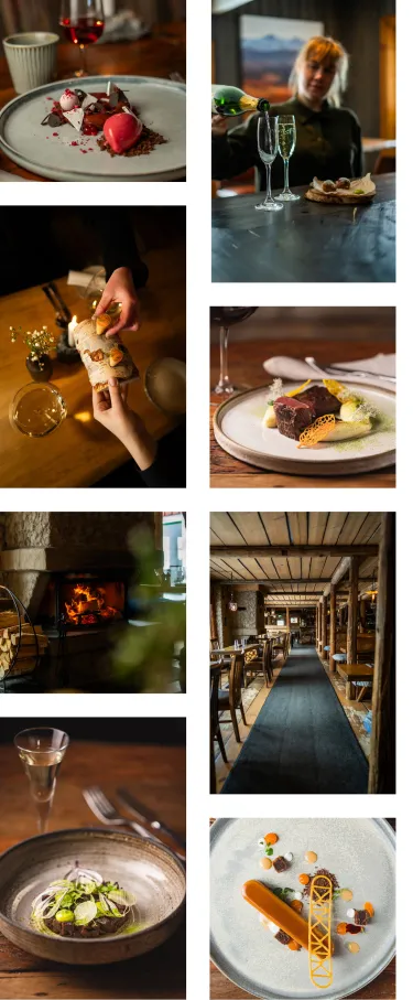 collage av maträtter och interiör från Buustamons fjällgård